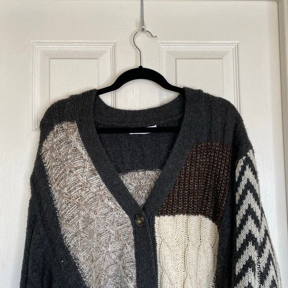 ZARA Patchwork Cable Knit Cardigan Neutral Chevron Size Large Blogger Favorite - Picture 4 of 8
